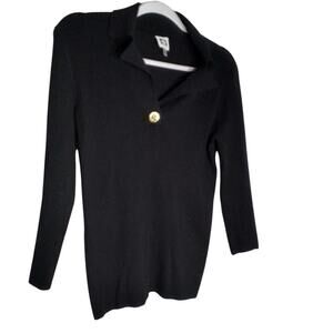 Anne Klein Ribbed Knit Collared Sweater Gold Button Black Women’s Small